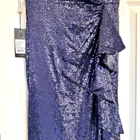 NWT TADASHI SHOJI SEQUIN OFF THE-SHOULDER GOWN NAVY PARTY FORMAL METALLIC   XS - Picture 7 of 14